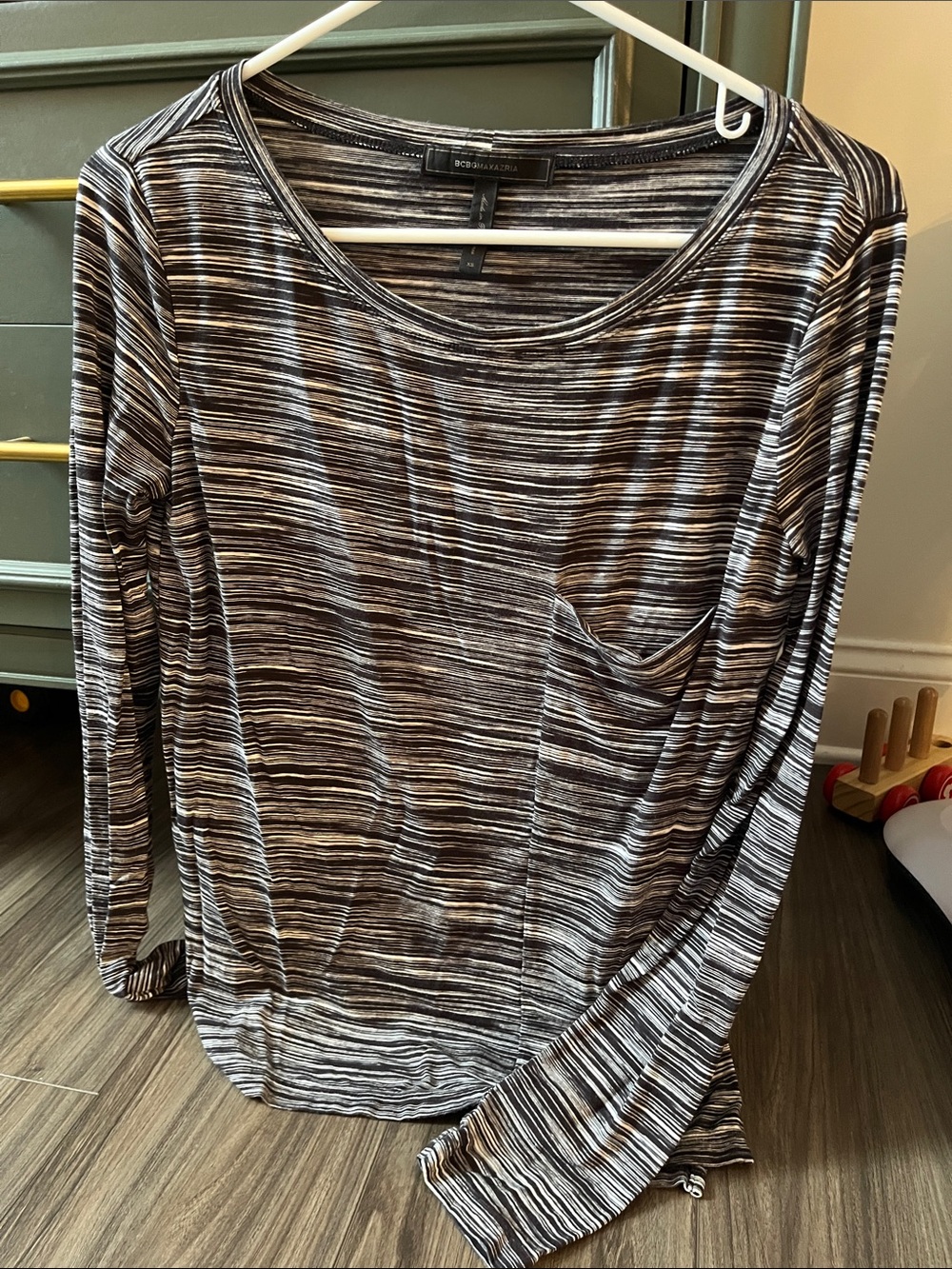 BCBGMaxAzria Black and White Striped Long Sleeve Pocket Tee